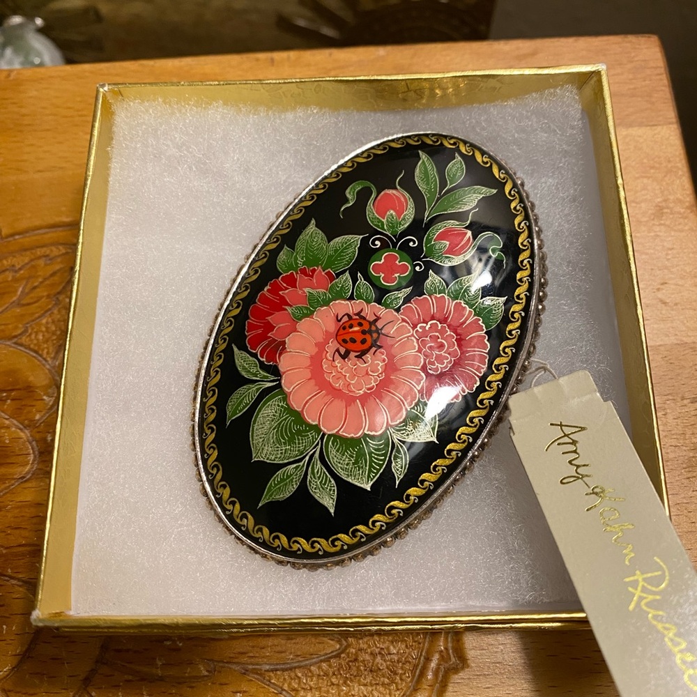 AKR designer hand painted on Onyx Sterling pendant/brooch
